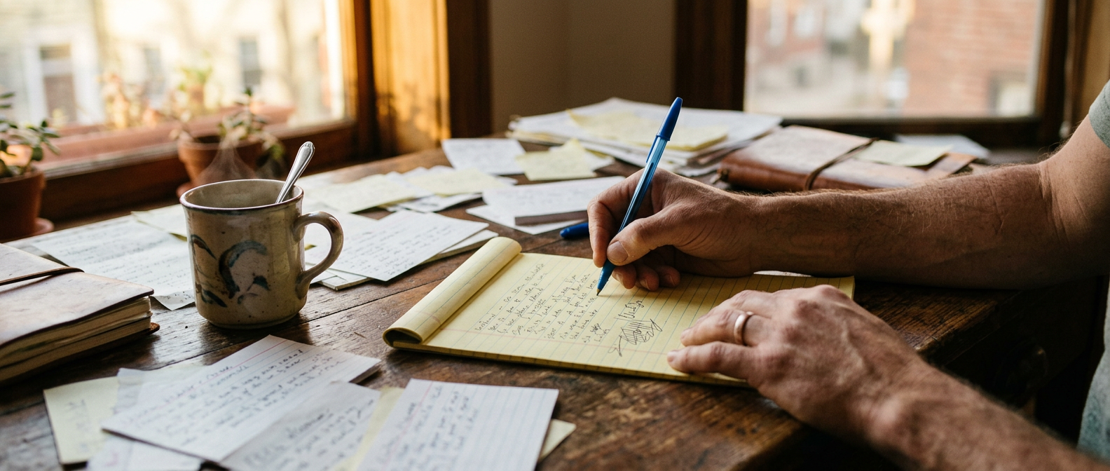 Hands writing on a legal pad at a desk