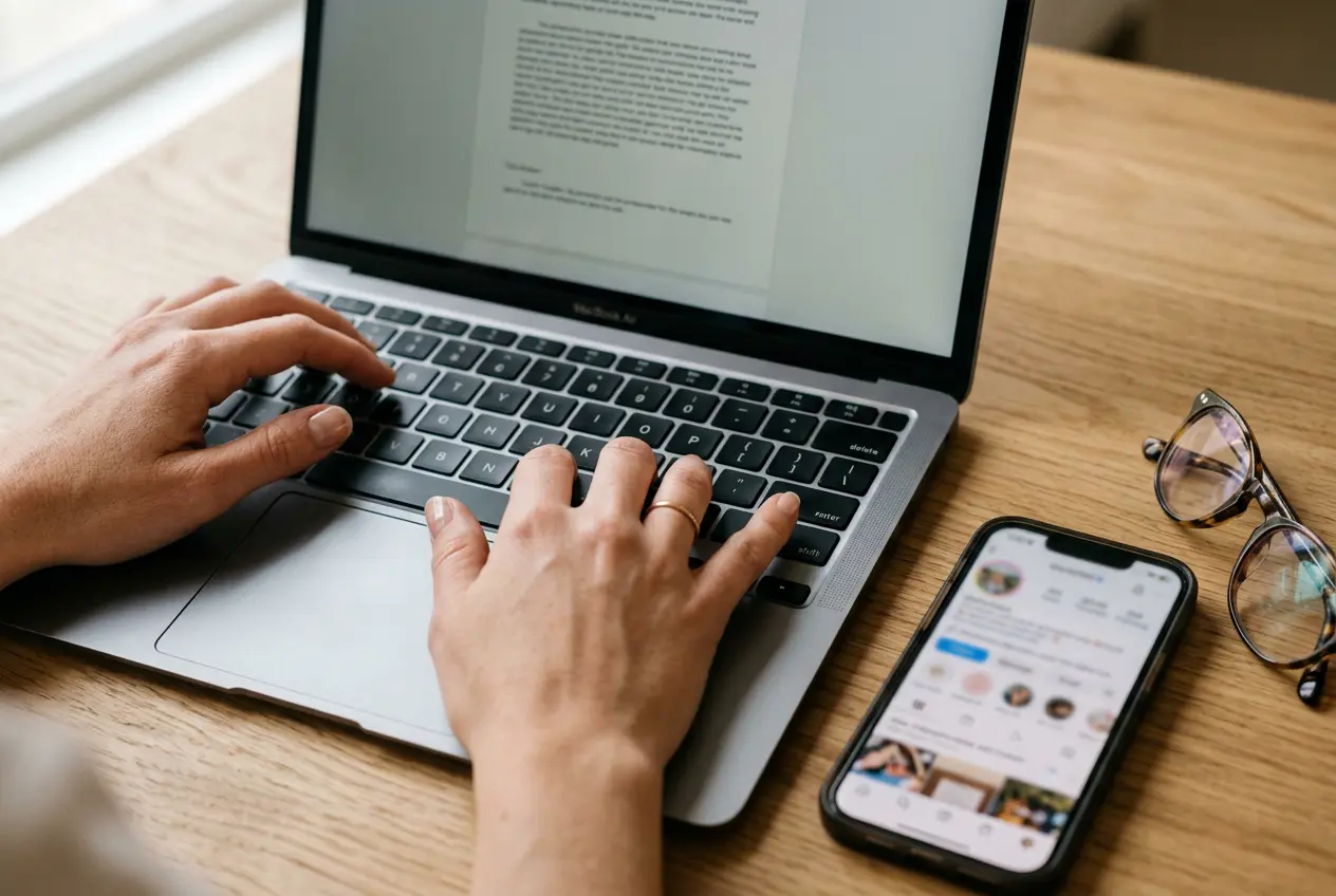 Hands typing on a laptop while connecting client accounts