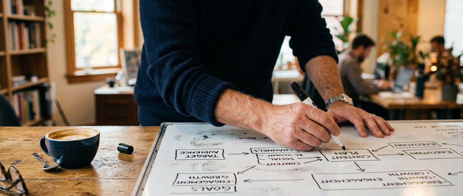 Person sketching a marketing plan on a whiteboard