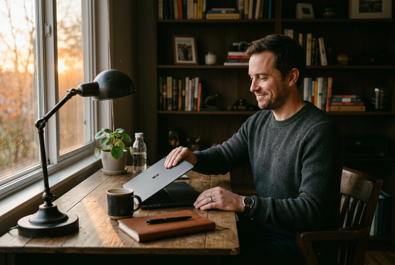 Agency owner closing a laptop at the end of the day