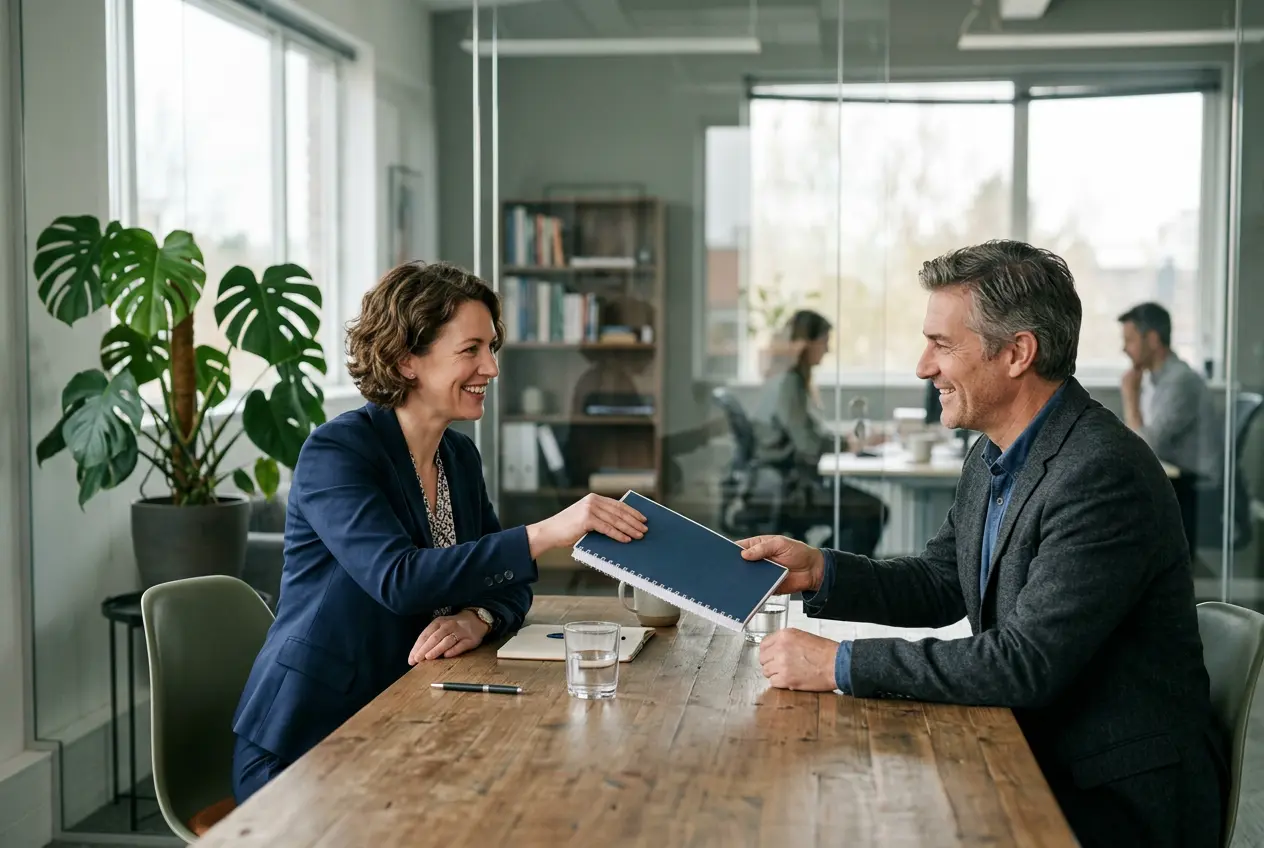 Agency lead handing a performance report to a client