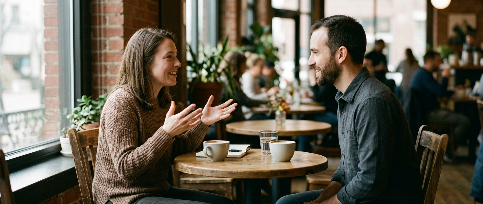 Two people talking at a cafe table