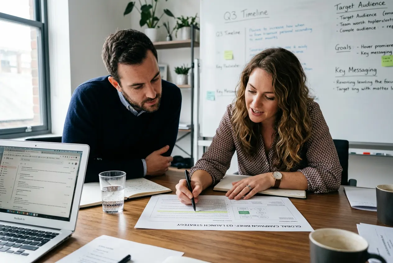 Two agency staff reviewing a printed campaign brief
